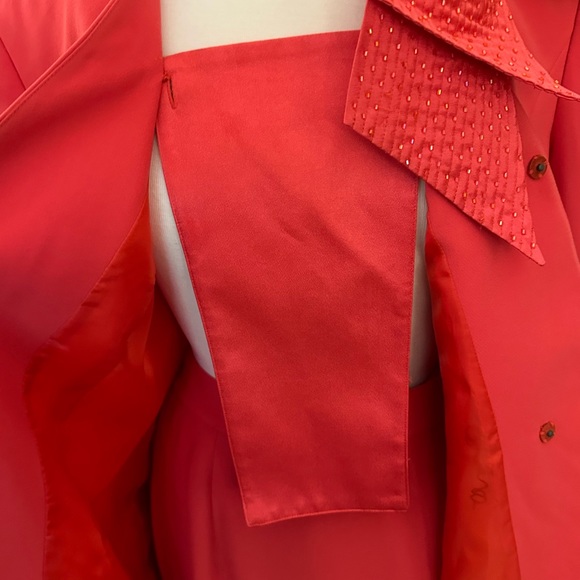 Milano Coral Suit Dress with modesty piece, Beading on Jacket and Handbag - Picture 3 of 7